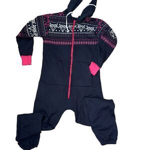 One Piece Aztec Fair Isle Print Fleece Zip PJ S Hoodie Jumpsuit Sleepwear Lounge